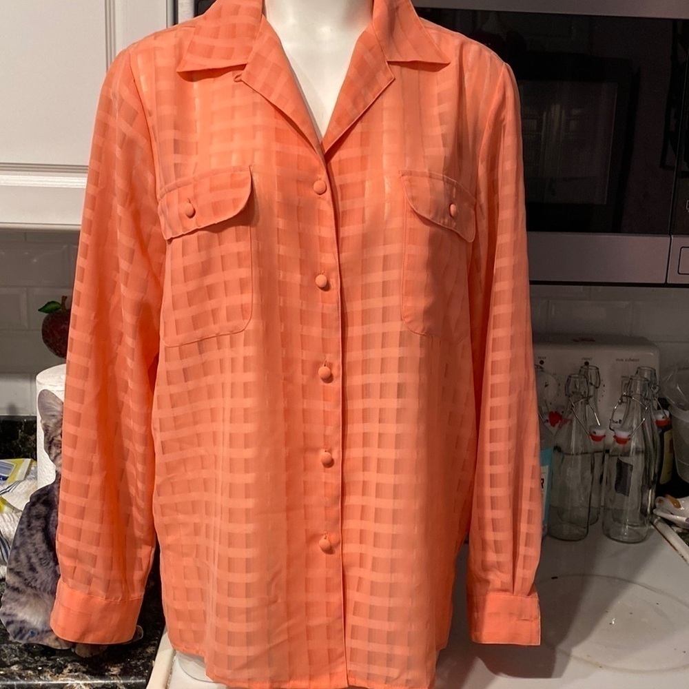 N womens Liz Baker solid orange button up long sleeve top size 14. EUC